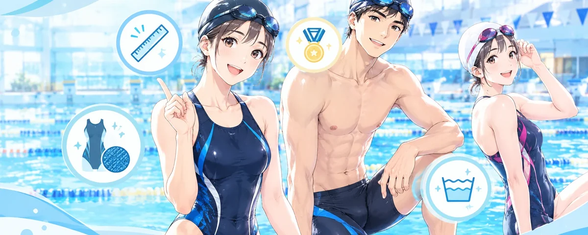 競泳水着を楽しく選ぶスイマーのイラスト